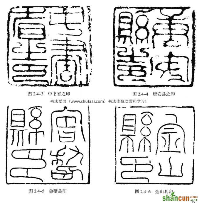 图2.4-3  中书省之印图2.4-5会稽县印图2.4-4唐安县之印图2.4-6金山县印