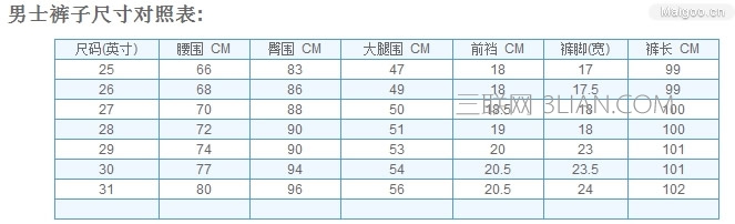 男士裤子尺寸对照表