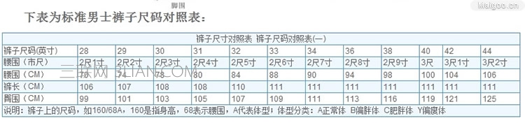 男士裤子尺码对照表  