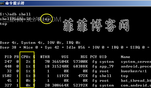 执行top命令，查看手机资源占用信息