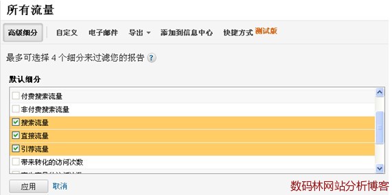 Google Analytics在默认细分中同时选择“所有访问次数”、“搜索流量”、“直接流量”和“引荐流量”