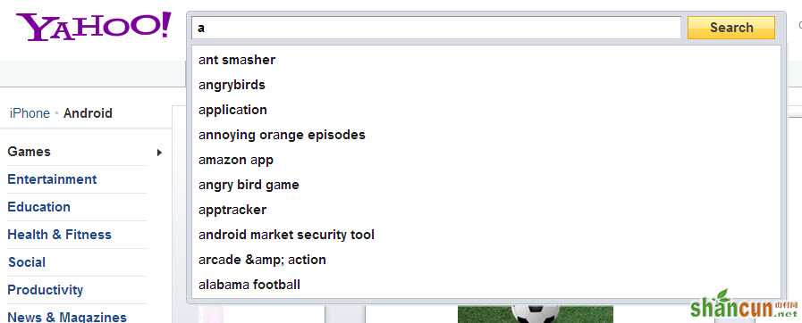 雅虎应用程序的搜索建议提供应用程序特定的关键字建议输入一个字符。