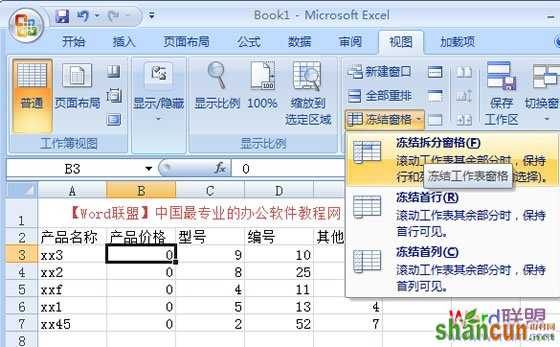 Excel2007冻结窗口，表格中固定窗口