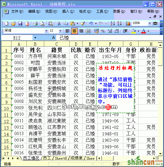 冻结窗口、冻结行和列动画教程 山村教程