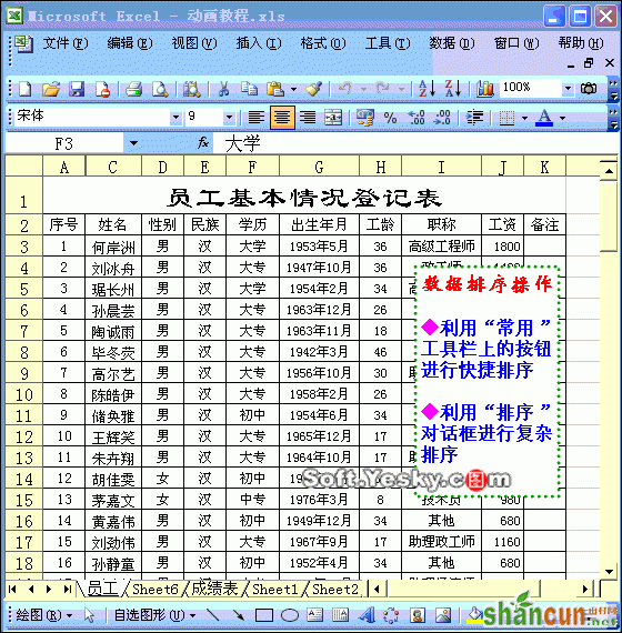 Excel表格数据如何自动排序动画教程 山村教程