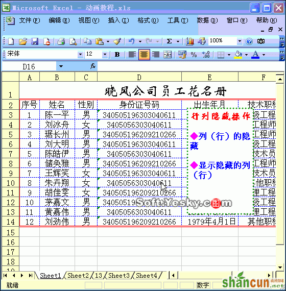 Excel隐藏和显示隐藏行、列动画教程 山村教程