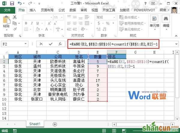 Excel2013中对不并列的数据进行排名   山村