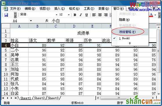 Excel 2003固定表头设置