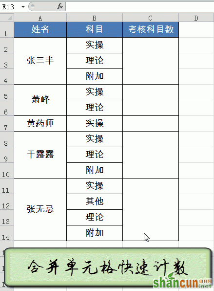 Excel合并单元格快速计数 山村