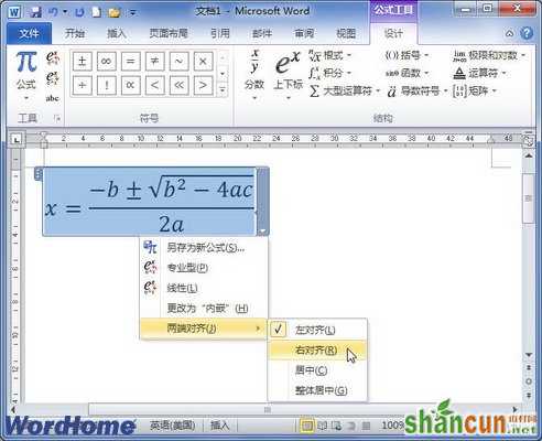 在Word2010中设置公式水平对齐方式 山村