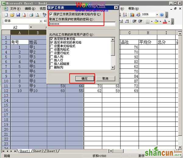 设置“保护工作表”对话框