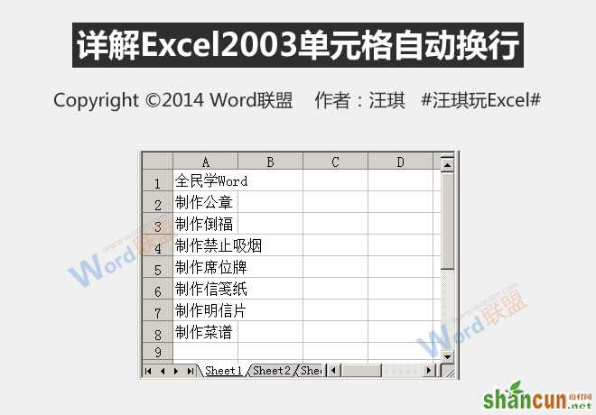 Excel2003单元格自动换行的方法   山村