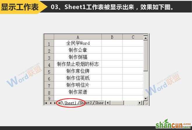 Excel2003工作表显示与隐藏的方法   山村