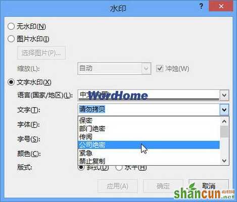 选择Word2013建议的文字水印