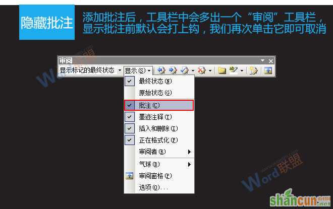 在Word2003中如何添加、隐藏及删除批注   山村