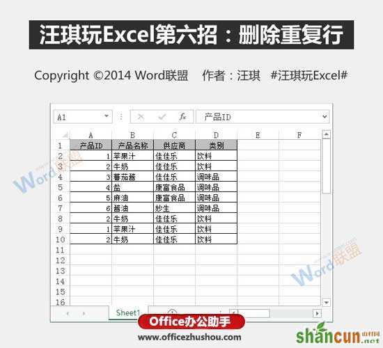 Excel表格中删除重复行的方法   山村