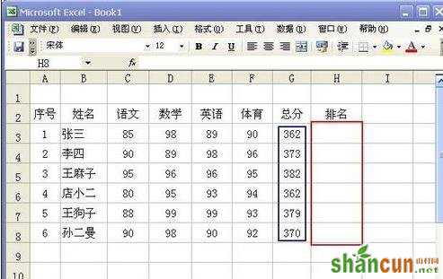 excel如何给成绩排名次 山村