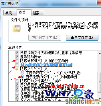 勾选“显示隐藏的文件、文件夹和驱动器”项