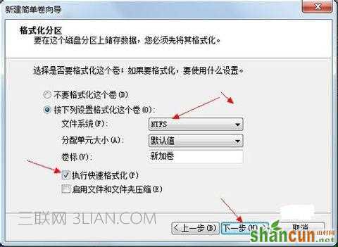 选择文件系统格式然后在执行快速格式化前打钩