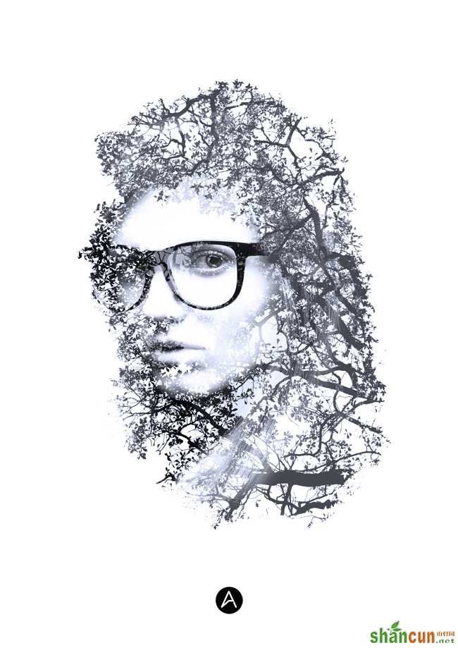 Photoshop制作人物与树木的双重曝光效果 山村