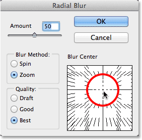 Setting the Amount value for the Radial Blur filter in Photoshop. Image © 2013 Photoshop Essentials.com