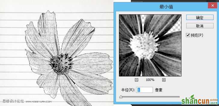 Photoshop制作蓝色圆珠笔手绘花朵照片,PS教程,思缘教程网