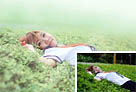 Photoshop给草地上的美女加上唯美的春季粉绿色 山村