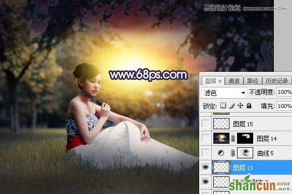 Photoshop给草地美女添加唯美夕阳景色,PS教程,素材中国网