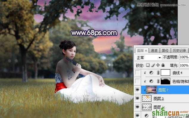 Photoshop给草地美女添加唯美夕阳景色,PS教程,素材中国网