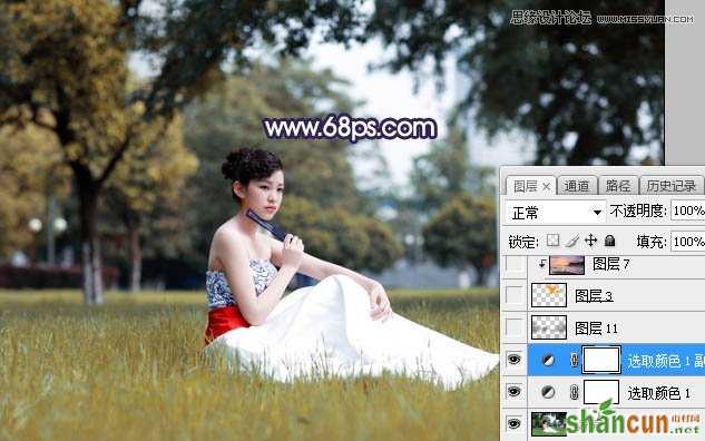 Photoshop给草地美女添加唯美夕阳景色,PS教程,素材中国网