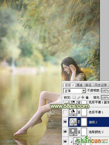 Photoshop打造柔美的黄青色湖景美女教程   山村