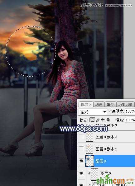 Photoshop给板凳美女人像添加夕阳美景效果,PS教程,素材中国网