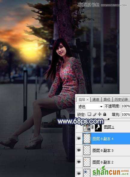 Photoshop给板凳美女人像添加夕阳美景效果,PS教程,素材中国网