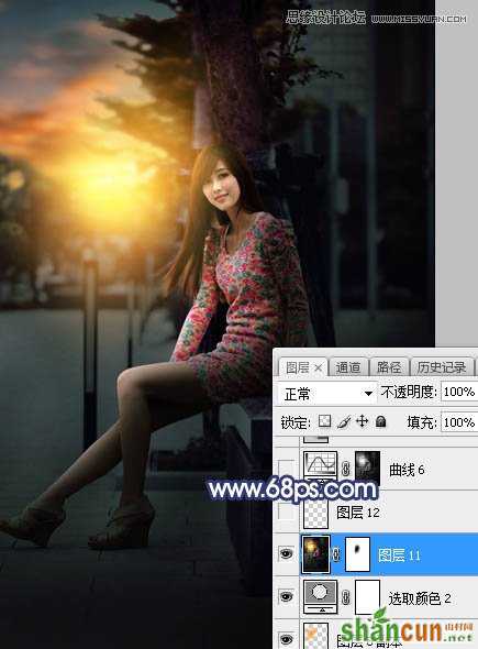 Photoshop给板凳美女人像添加夕阳美景效果,PS教程,素材中国网