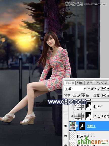 Photoshop给板凳美女人像添加夕阳美景效果,PS教程,素材中国网