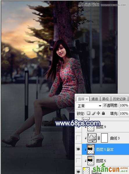 Photoshop给板凳美女人像添加夕阳美景效果,PS教程,素材中国网