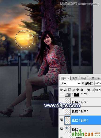 Photoshop给板凳美女人像添加夕阳美景效果,PS教程,素材中国网