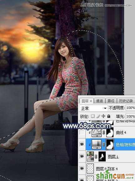 Photoshop给板凳美女人像添加夕阳美景效果,PS教程,素材中国网