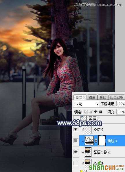 Photoshop给板凳美女人像添加夕阳美景效果,PS教程,素材中国网