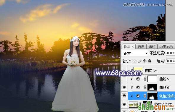 Photoshop给外景婚纱人像添加唯美夕阳景色,PS教程,素材中国网