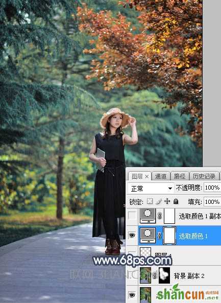 Photoshop把树林人物图片转为唯美的暗调秋季色