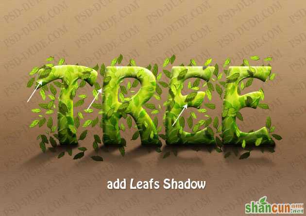 Photoshop打造有树叶装饰的绿色浮雕字 山村