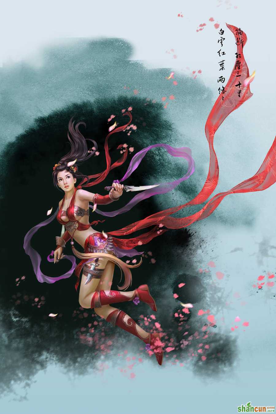 PhotoShop绘制红纱飞天美女中国风武侠插画教程 山村教程