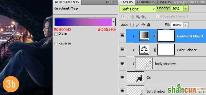 3b gradient map 在Photoshop中合成非常唯美的女孩与桥夜景图