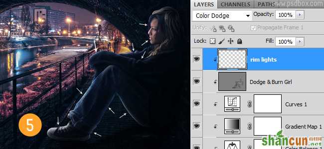 5 rim lights 在Photoshop中合成非常唯美的女孩与桥夜景图