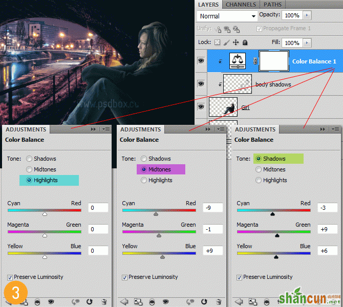3 color balance 在Photoshop中合成非常唯美的女孩与桥夜景图