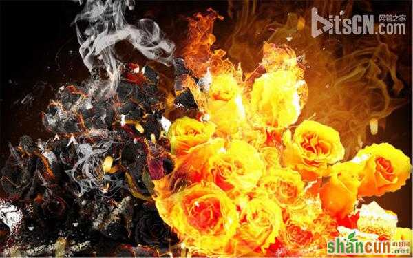 Photoshop合成制作烈焰中燃烧的火玫瑰效果   山村