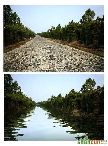 ps合成真实水波效果 山村