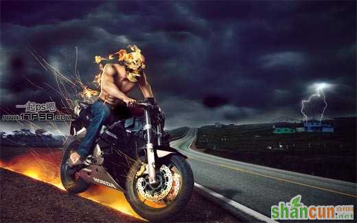 Photoshop合成公路上狂飙的火焰骑士   山村