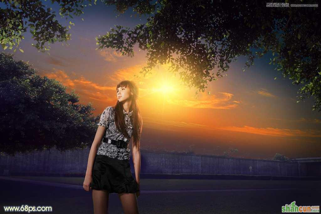 Photoshop给外景照片怎么添加夕阳美景 山村